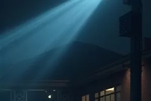 《长夜灯塔》剧照：海雾中远岸的灯塔光柱